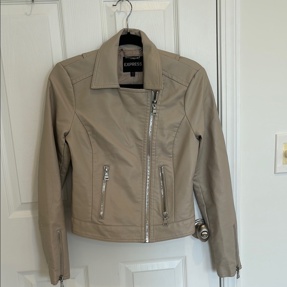 Express Tan Leather Jacket Zip Front Collared, Looks Great On!